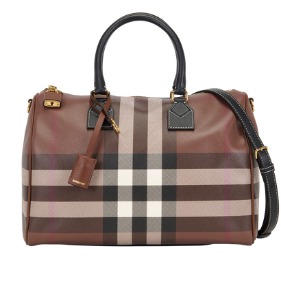 Medium Check Bowling Bag, &pound;650, Handbags, Brown, Canvas, Front view